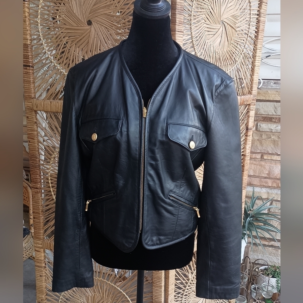 LizWear Black Leather Jacket French Style Vintage 90s with Gold Buttons Size M
